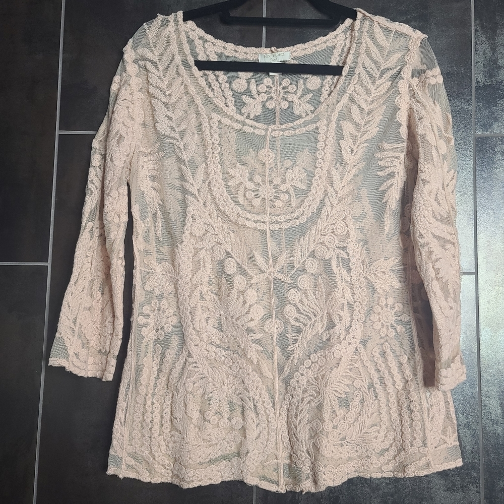 Saint Tropez West Blush Nude Lace Blouse Large